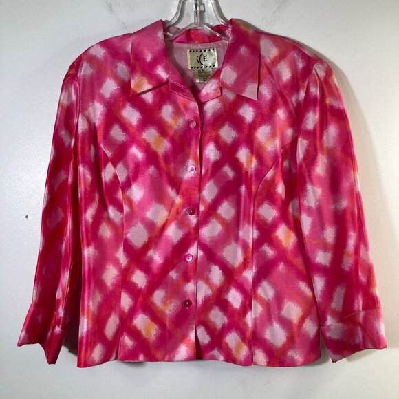 Ice Jackets & Blazers - Womens Vintage ICE Silk Button Shirt Lined Pink White M Watercolor‎ Art